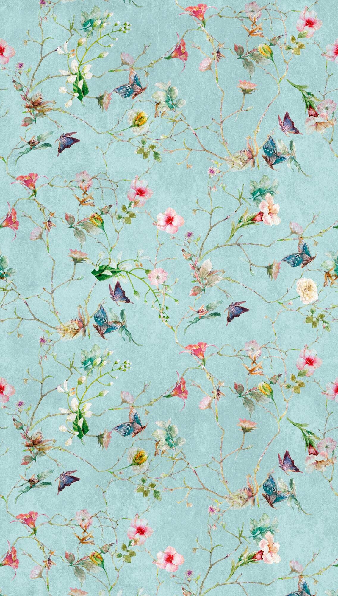 Livingwalls Fototapete Blütenzweig türkis rosa grün B/L: ca. 280x159 cm