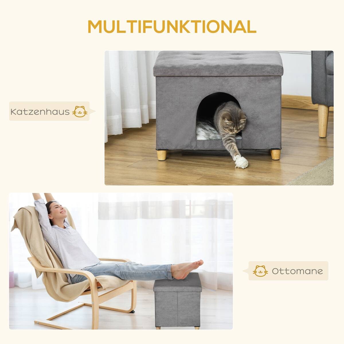 PawHut Katzenhaus grau Polyester B/H/L: ca. 45x44,5x60 cm