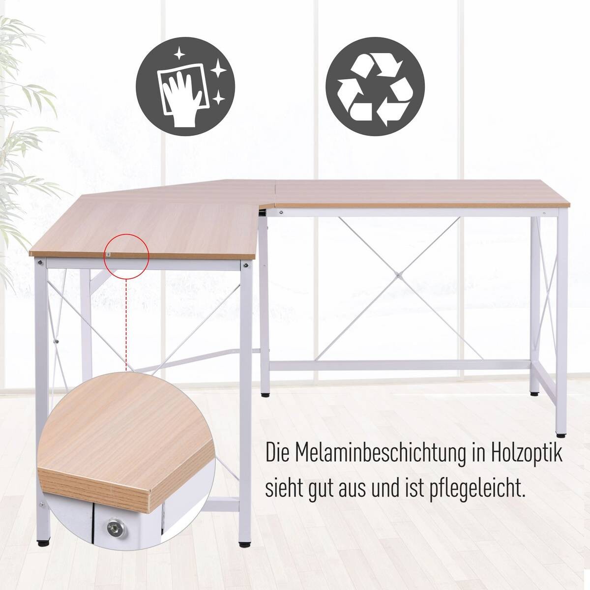 Computertisch 836-122AK natur weiß B/H/L: ca. 150x76x150 cm