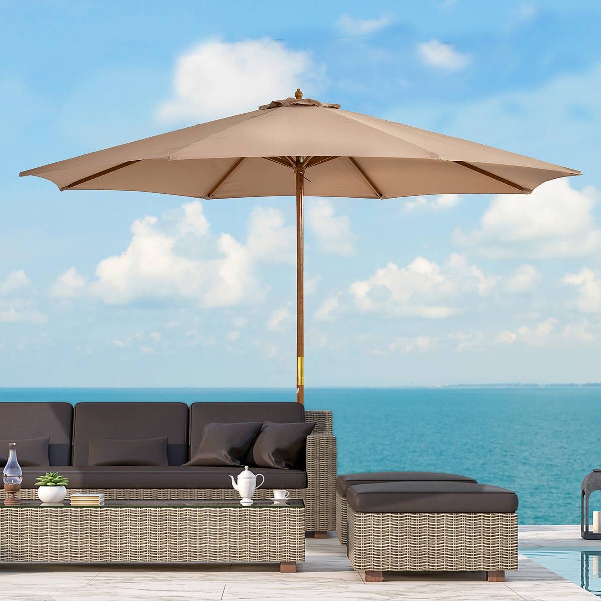 Outsunny Sonnenschirm khaki Bambus H/D: ca. 250x300 cm