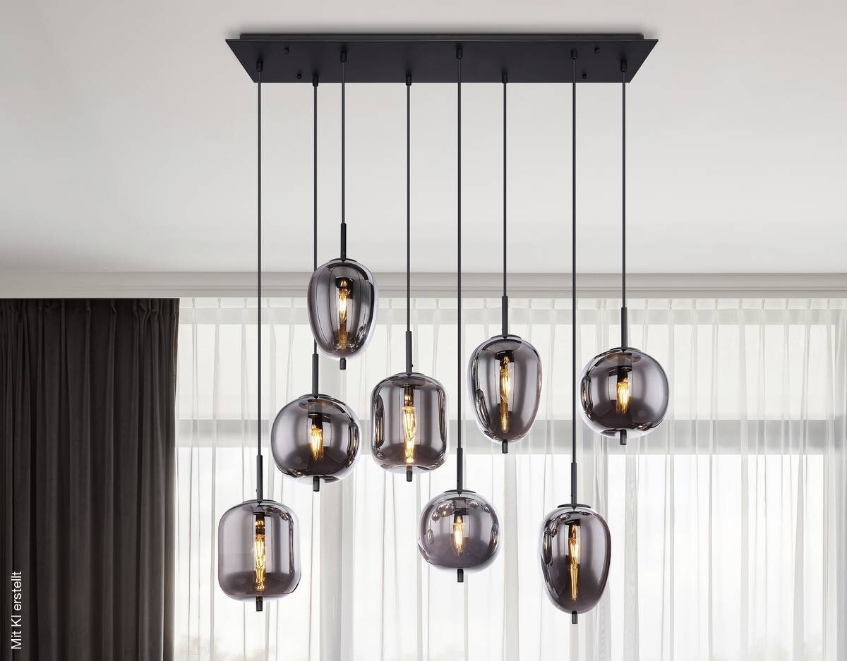 GLOBO Pendelleuchte Blacky schwarz Metall Rauchglas B/H/L: ca. 34x120x94 cm E14 8 Brennstellen