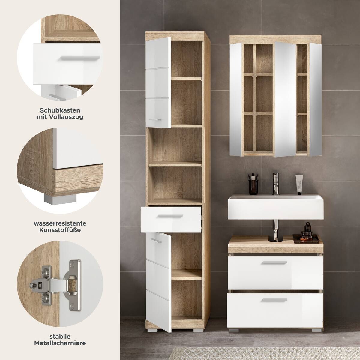 Badezimmer-Set Lambada Eiche Sonoma Nachbildung weiß Hochglanz B/H/T: ca. 112x191x37 cm
