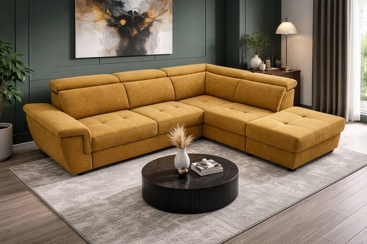 Ecksofa mit Bettfunktion und Bettkasten senf Flachgewebe B/H/T: ca. 267x75x238 cm