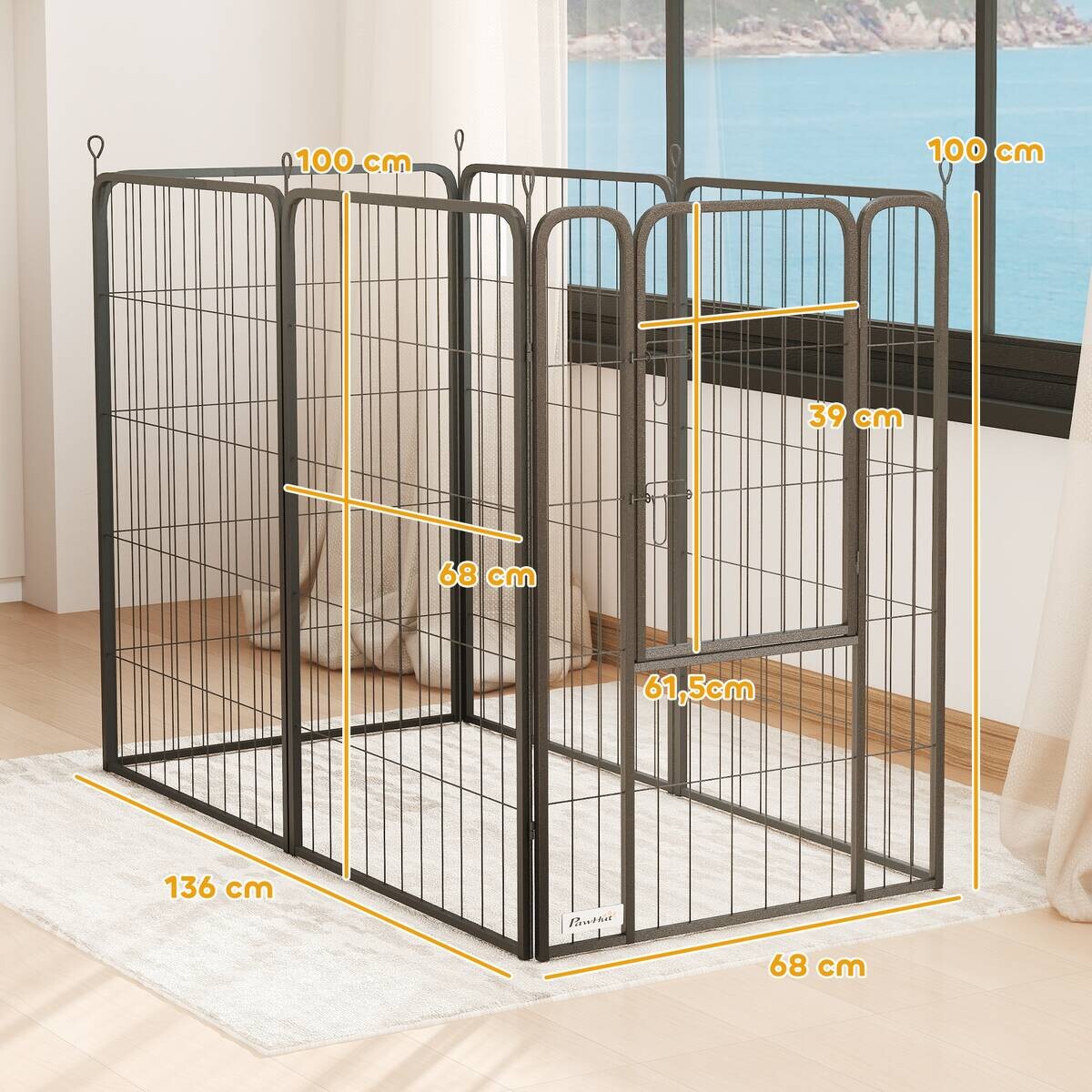 PawHut Welpenlaufstall schwarz Stahl B/H/L: ca. 68x100x136 cm