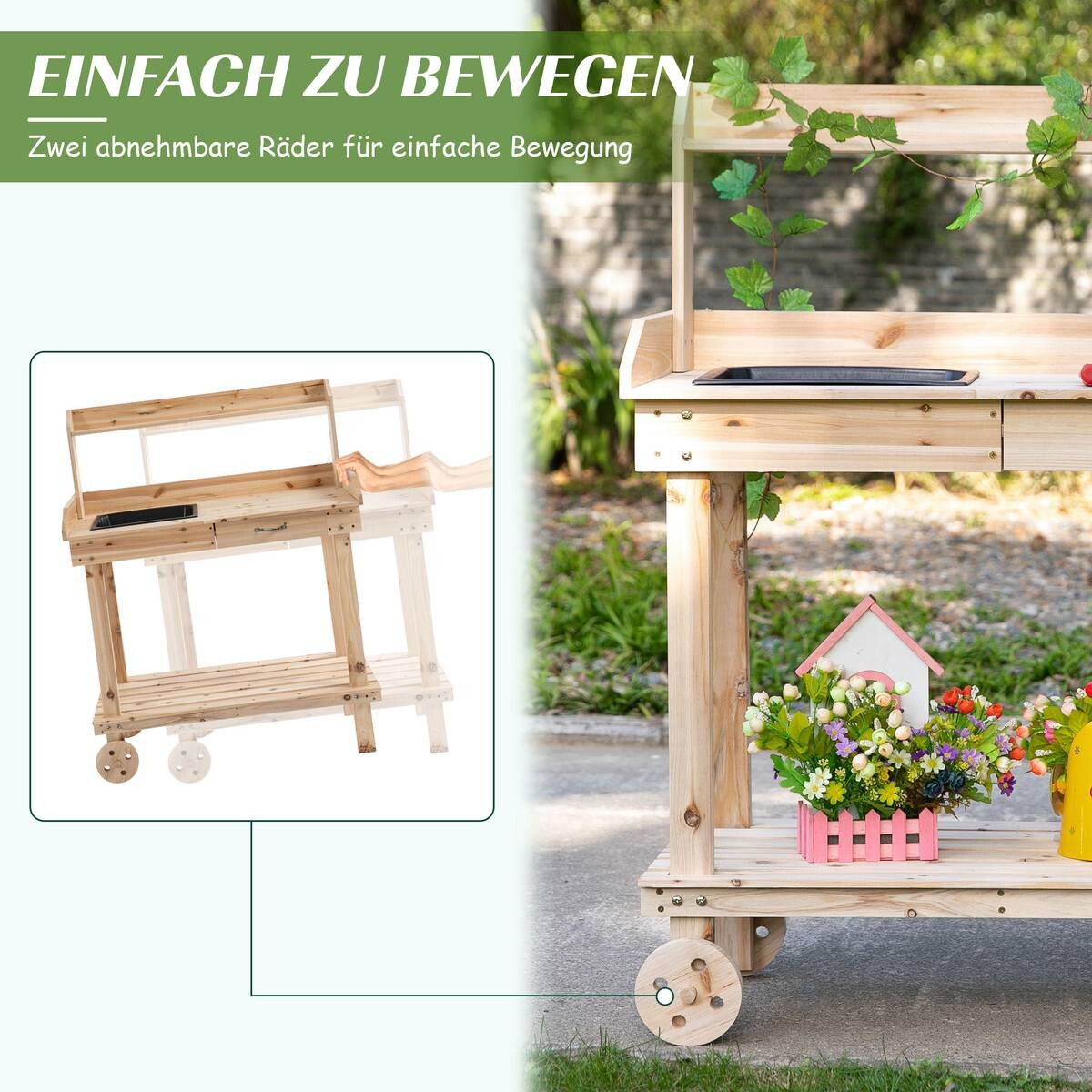 Outsunny Pflanztischmit Rollen natur B/H/L: ca. 45x119x92 cm