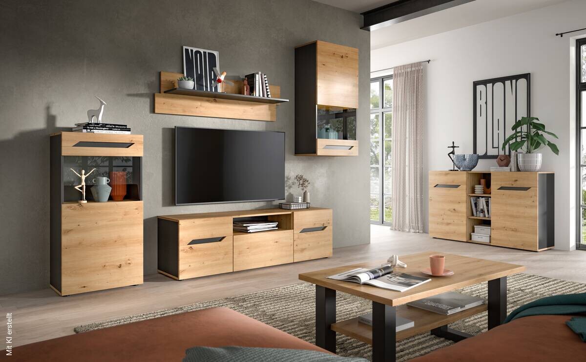 Wohnwand Caserta basaltgrau Nachbildung Artisan Oak Nachbildung B/H/T: ca. 253x196x40 cm