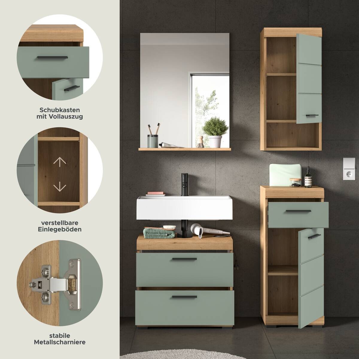 Badezimmer-Set Scout Eiche Artisan Nachbildung salbei Nachbildung B/H/T: ca. 112x191x37 cm