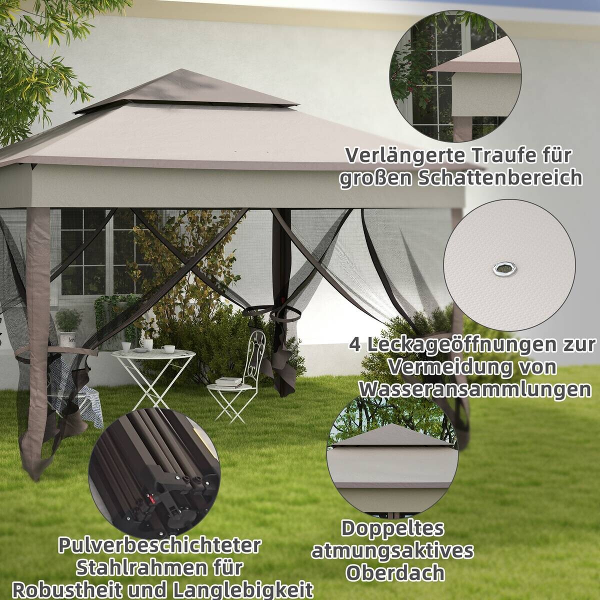 Outsunny Pavillon hellgrau Edelstahl B/H/L: ca. 325x325x270 cm