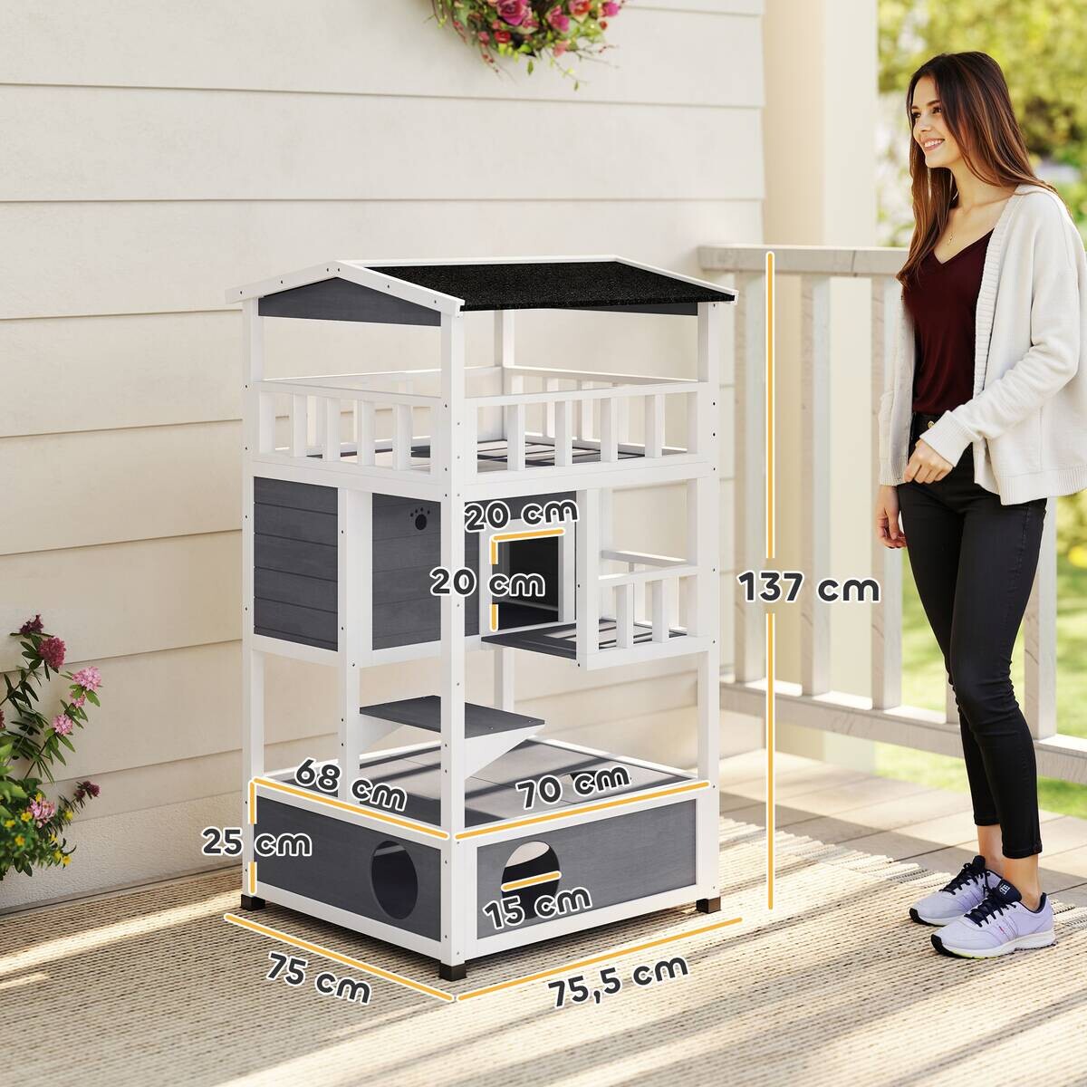 PawHut Katzenhaus weiß Holz B/H/L: ca. 75x137x75,5 cm