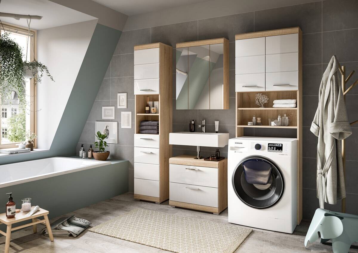 Waschmaschinenumbauschrank Lambada Eiche Sonoma Nachbildung weiß Hochglanz B/H/T: ca. 63x191x24 cm