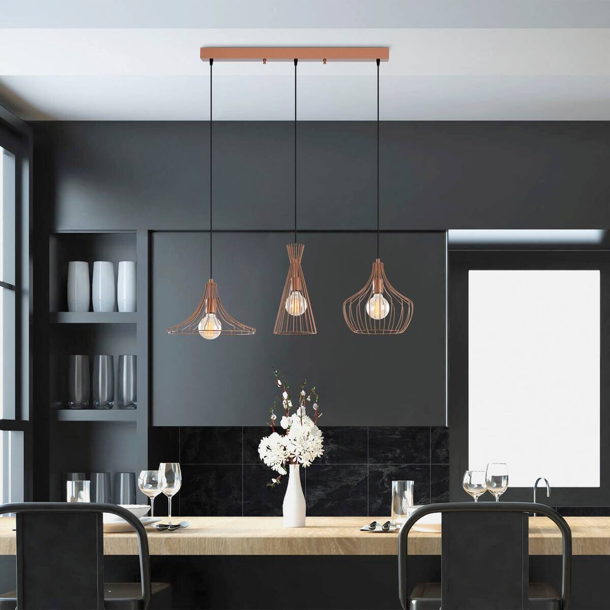 Opviq Pendelleuchte Mezopotamya Kupfer Metall B/H/T/L/D: ca. 37x122x37x110x27 cm E27 3 Brennstellen