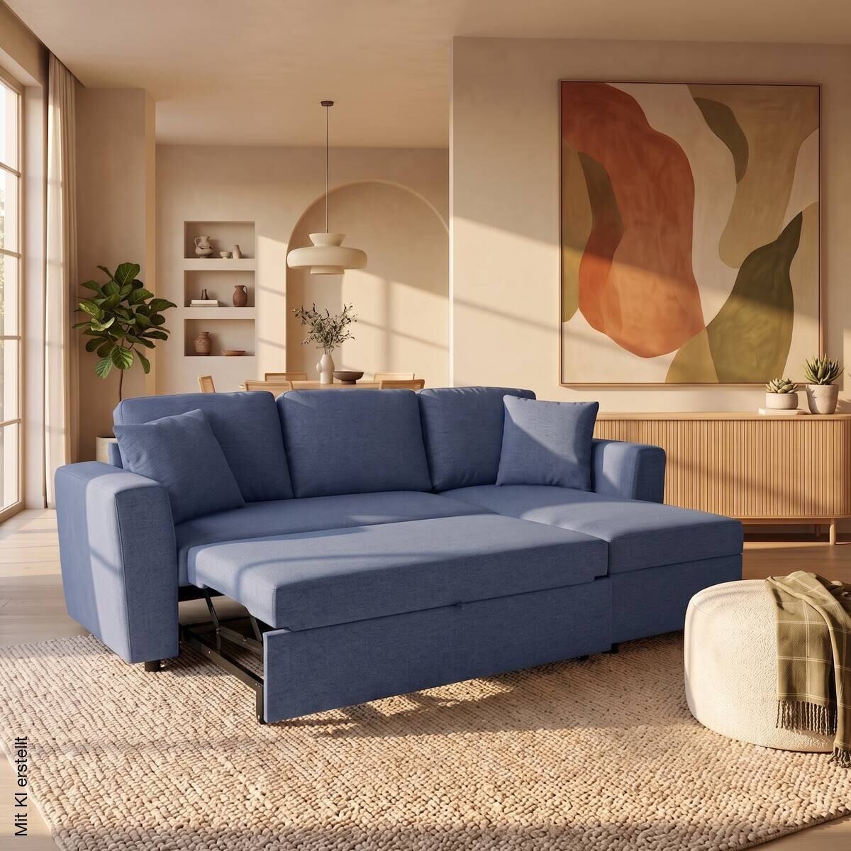 Ecksofa mit Bettfunktion und Bettkasten blau Webstoff B/H/T: ca. 234x86x144 cm