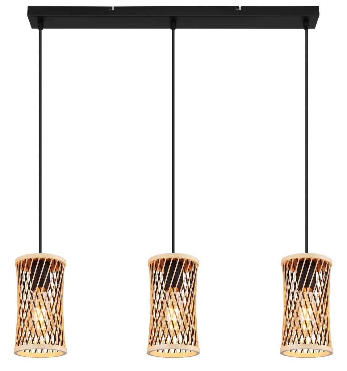 GLOBO LED-Pendelleuchte MALI schwarz Bambus Metall B/H/T: ca. 12x150x72 cm 3 Brennstellen