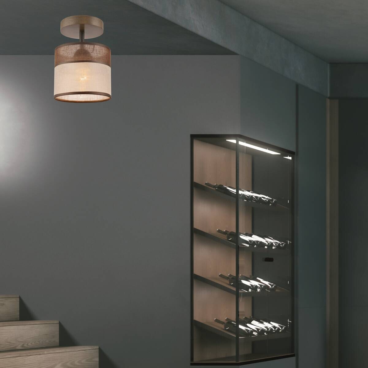 Lamkur Deckenleuchte Andrea natur Stahl Stoff Holz H/L: ca. 25x16 cm E27 1 Brennstellen