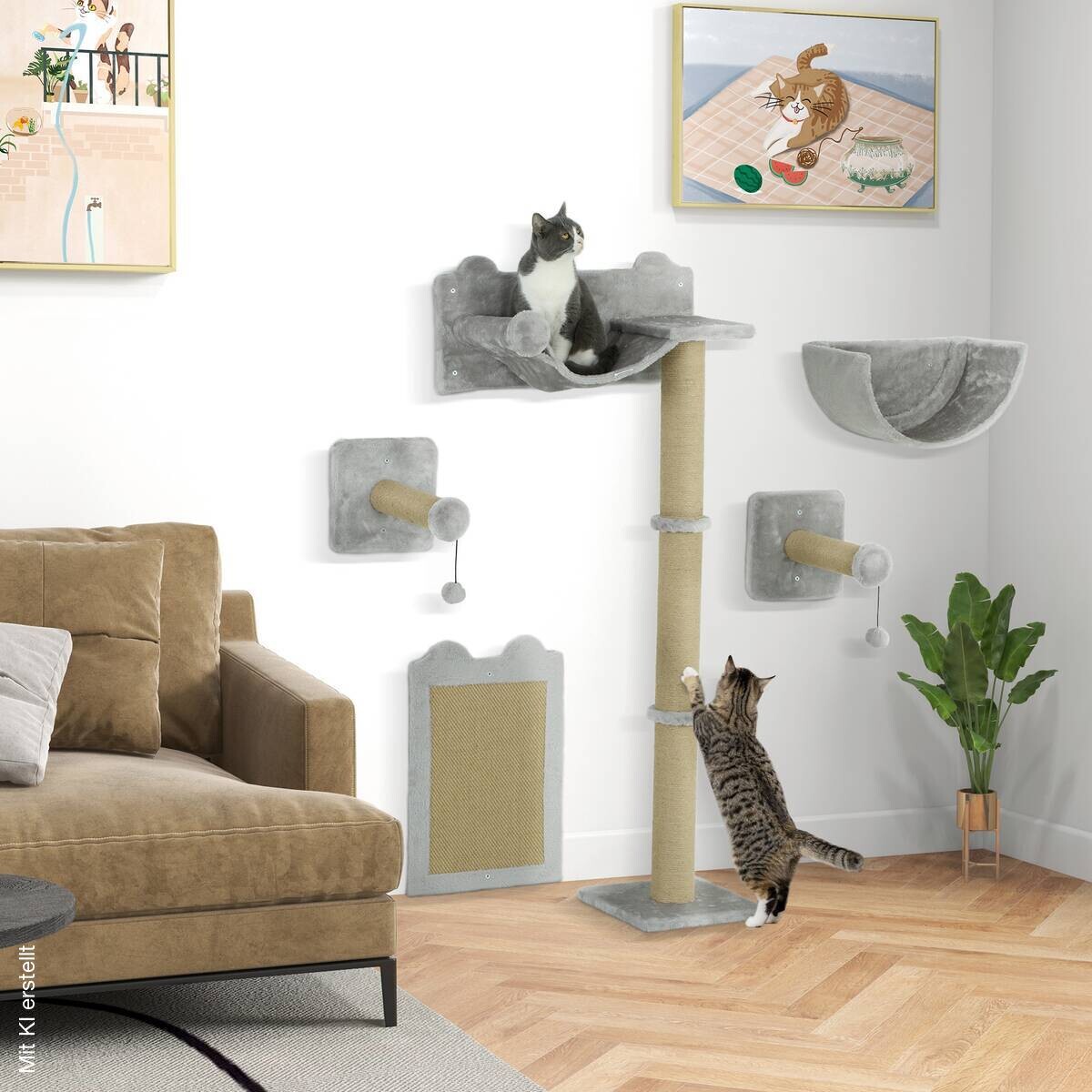 PawHut Katzen Kletterwand hellgrau Spanplatte B/H/L: ca. 32x140x60 cm