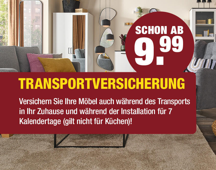 Wohnzimmer mit grauem Sofa, bunten Kissen, Teppich, Spiegeln an der Wand und einem Textbanner zur Transportversicherung ab 9,99 Euro