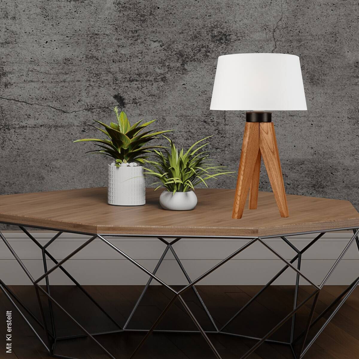 Lamkur Tischlampe Eiche rustikal Holz Stahl B/H/L: ca. 34x38x38 cm E27 1 Brennstellen