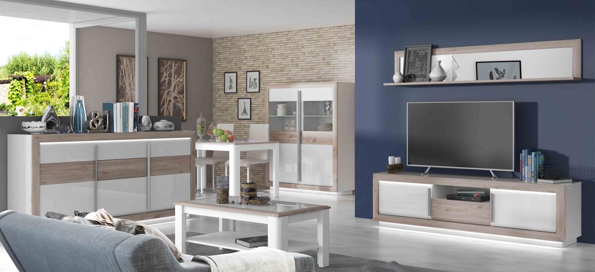 TV-Lowboard weiß weiß Hochglanz Eiche Nelson Nachbildung B/H/T: ca. 192,7x56,2x53 cm