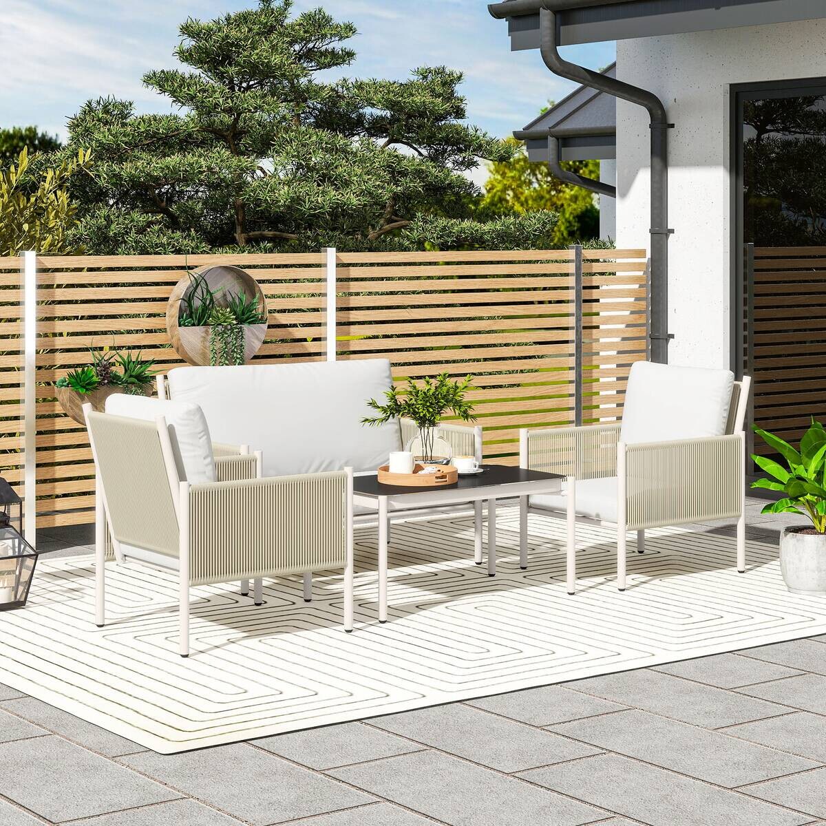 Outsunny Rattan Gartenmöbel-Set hellgrau Stahl B/H/L: ca. 68x82x116 cm