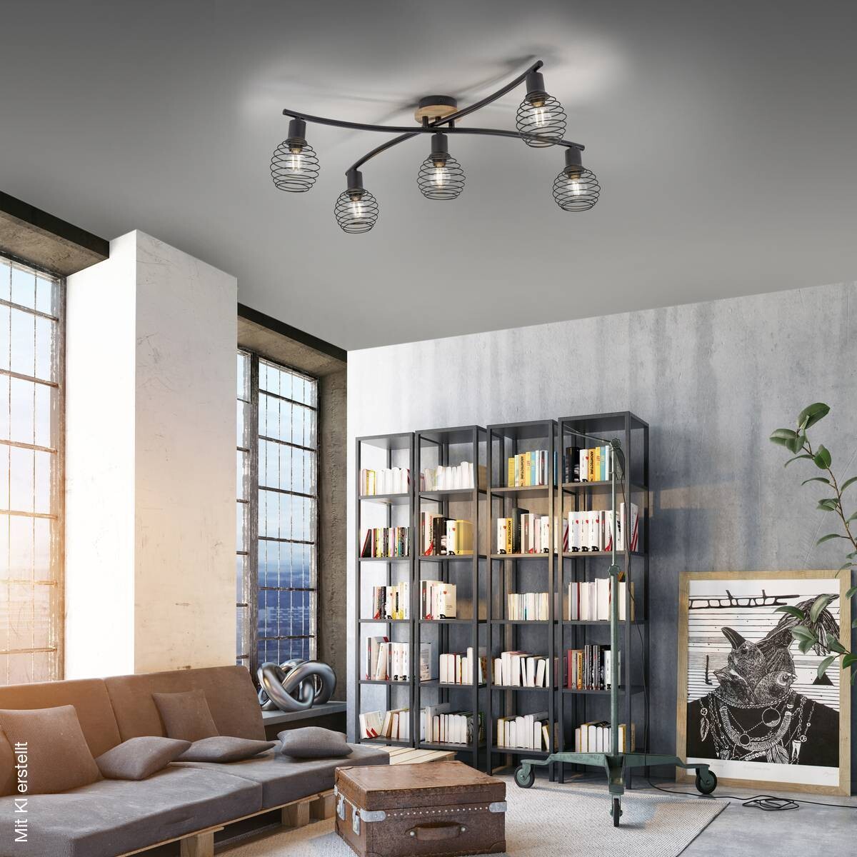 Just Light Deckenleuchte 15925-79 Eugen natur schwarz Aluminium Holzwerkstoff B/H/L: ca. 67x20x70 cm 5 Brennstellen