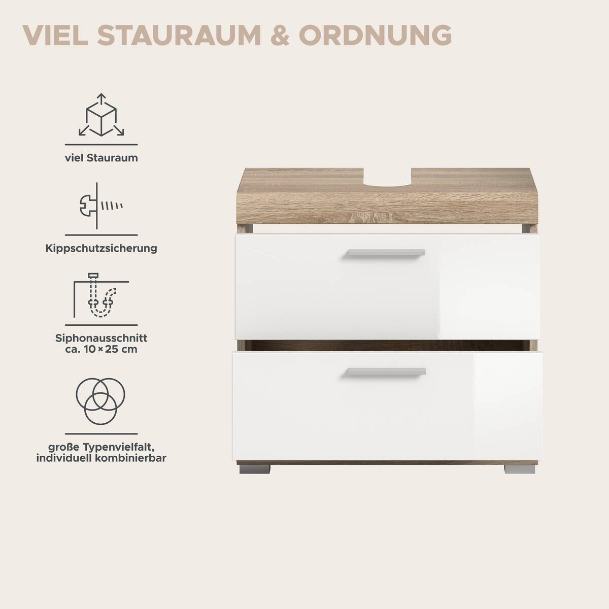 Waschbeckenunterschrank Lambada Eiche Sonoma Nachbildung weiß Hochglanz B/H/T: ca. 60x56x37 cm