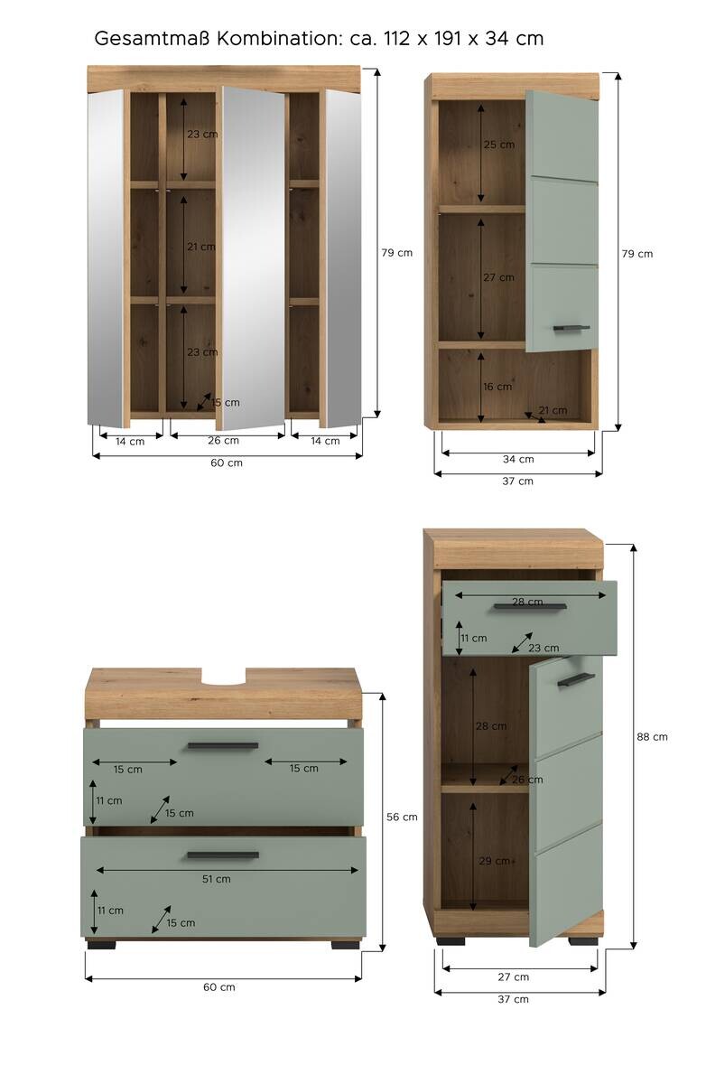Badezimmer-Set Scout Eiche Artisan Nachbildung salbei Nachbildung B/H/T: ca. 112x191x37 cm