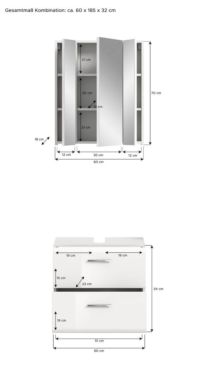 Badezimmer-Set ICE weiß weiß Hochglanz B/H/T: ca. 60x190x32 cm