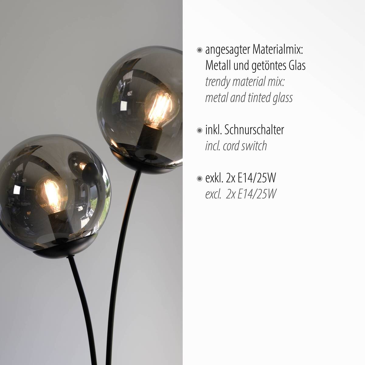 Just Light Tischleuchte BIG WIDOW 14605-18 schwarz Rauchglas Metall B/H: ca. 33,5x60 cm E14 2 Brennstellen