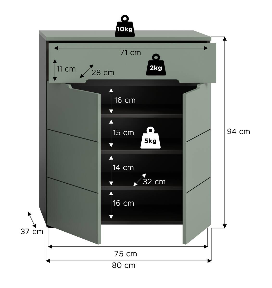 Schuhkommode Canu grün basaltgrau Nachbildung B/H/T: ca. 94x80x37 cm