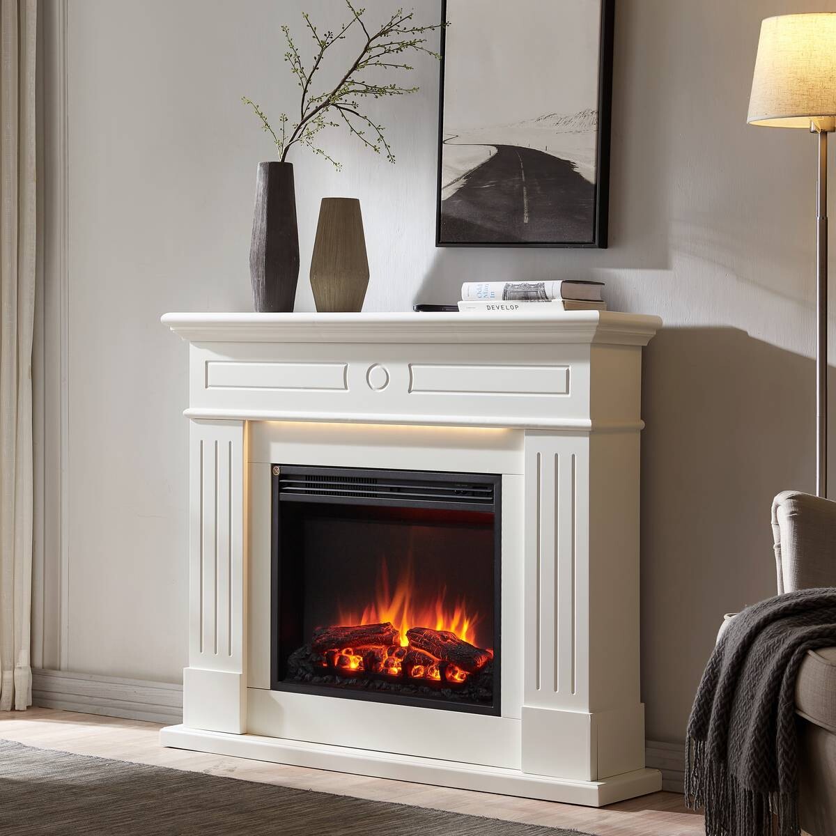 Balderia Elektrischer Kamin Elektrischer-Kamin Leandros weiß MDF B/H/T: ca. 110x95x24,9 cm