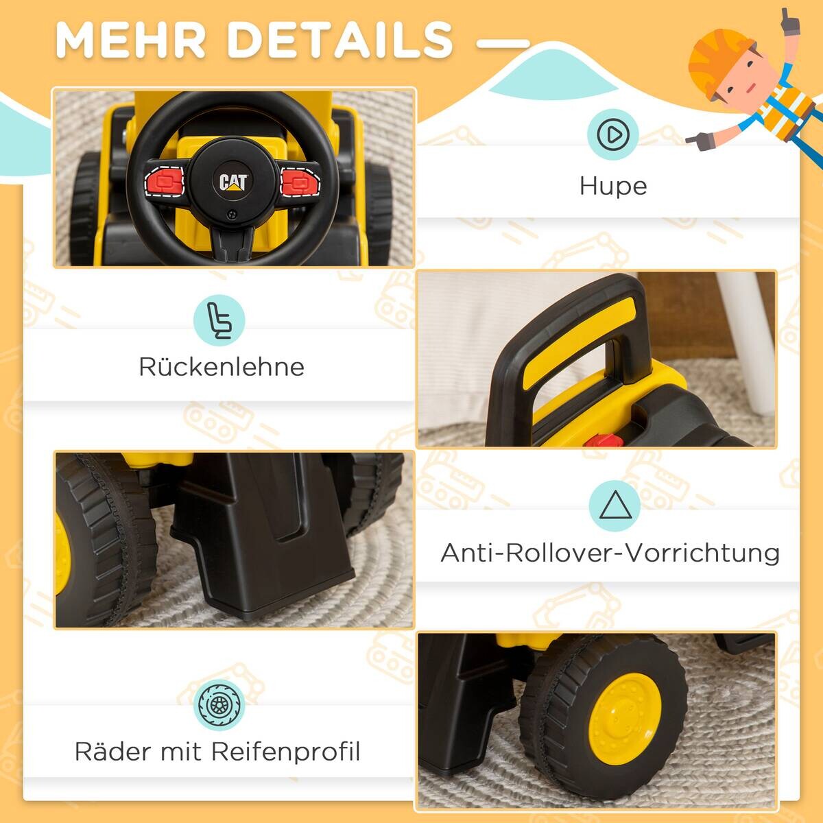HOMCOM Kinder-Fahrzeug gelb B/H/L: ca. 29,5x78x54 cm