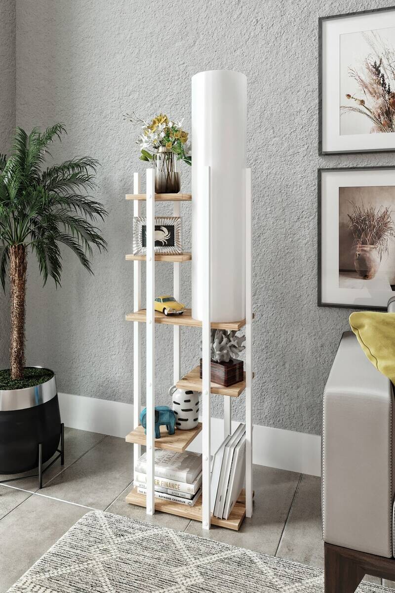 Opviq Stehleuchte natur weiß Spanplatte MDF B/H/T/L: ca. 25x160x25x45 cm E27 1 Brennstellen