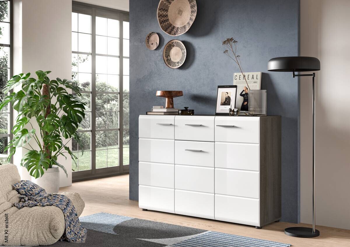 Kommode SALSA Rauchsilber Nachbildung weiß Hochglanz B/H/T: ca. 120x85x37 cm