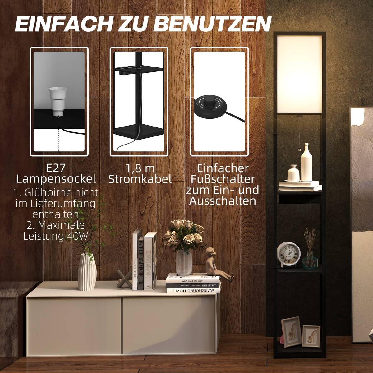 HOMCOM Stehleuchte schwarz weiß Holz MDF B/H/L: ca. 26x159x26 cm E27 1 Brennstellen