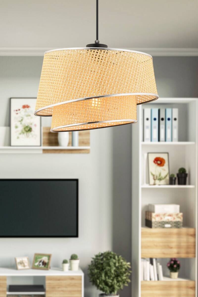 Opviq Pendelleuchte Barette kamel silber Stoff Metall B/H/L: ca. 32x65x32 cm E27 1 Brennstellen