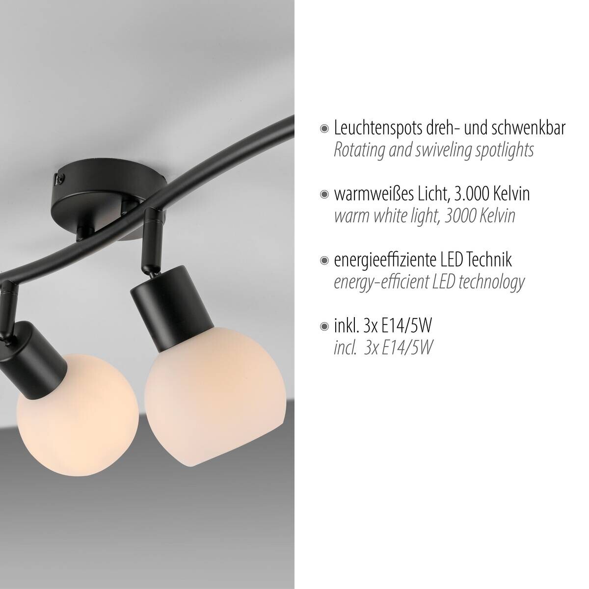 Just Light Spot 3flg. Loki schwarz B/H/L: ca. 26x20x56 cm E14 3 Brennstellen
