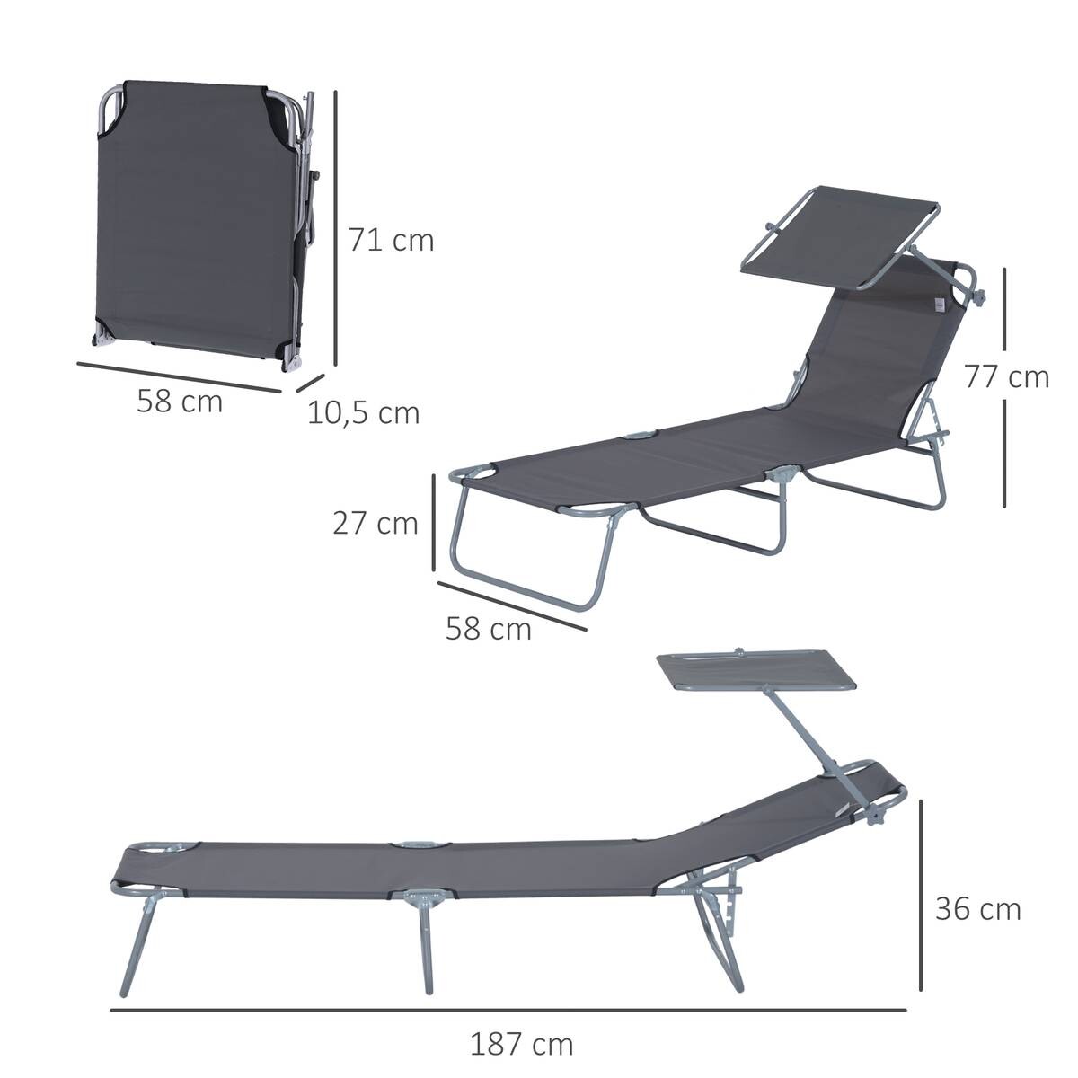 Outsunny Sonnenliege grau Metall B/H/L: ca. 58x36x187 cm
