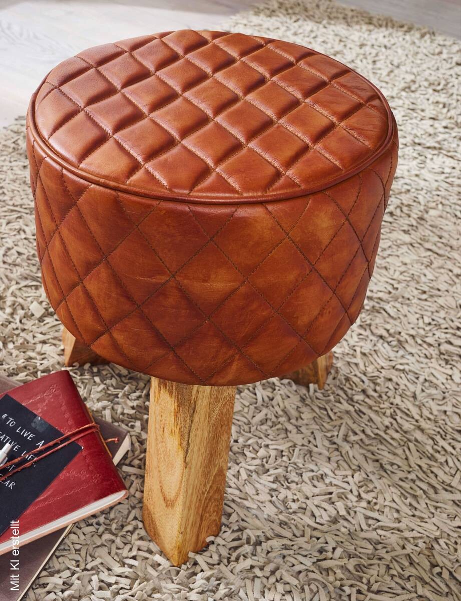 Wohnling Sitzhocker braun natur Leder Echtholz B/H/T: ca. 35x46x35 cm