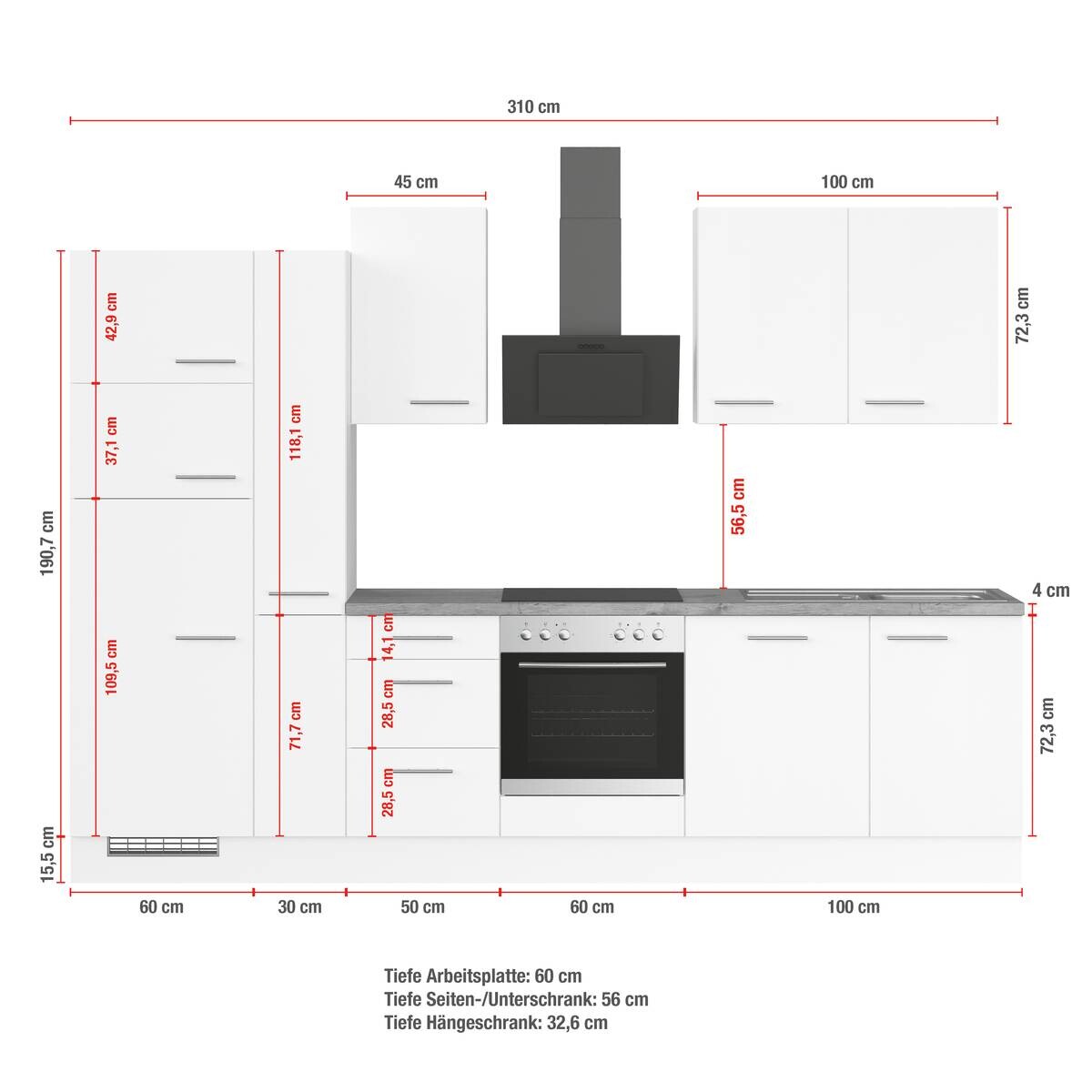 Küchenleerblock IBZ4310V8 weiß B/T: ca. 310x60 cm