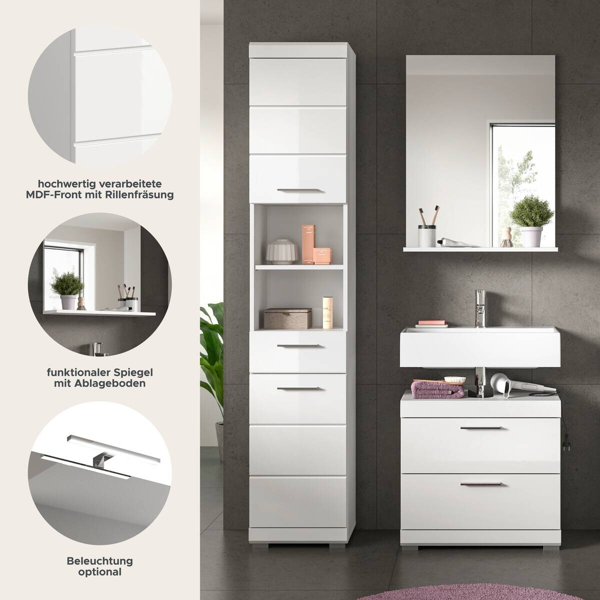 Badezimmer-Set Scout weiß weiß Hochglanz B/H/T: ca. 112x191x37 cm