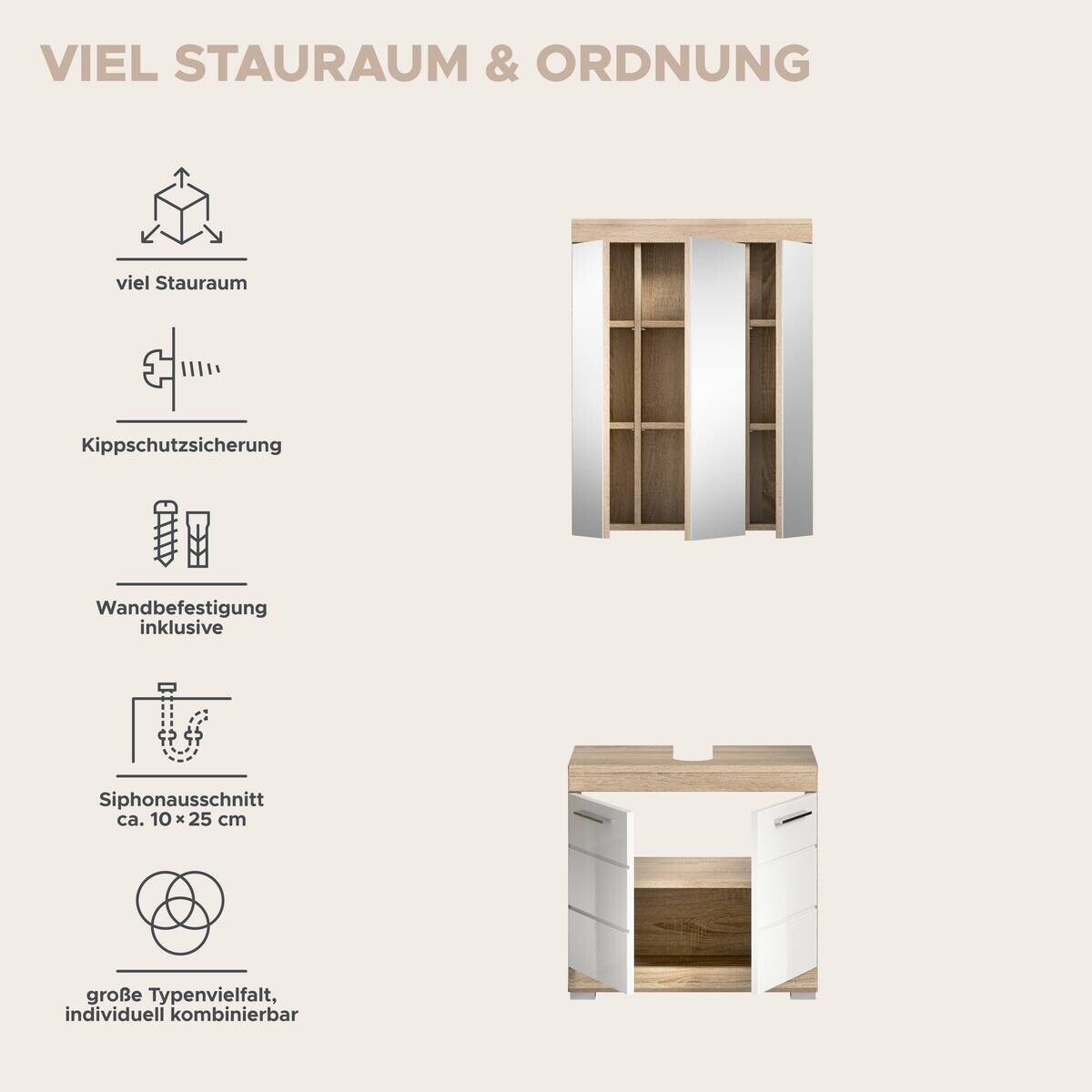 Badezimmer-Set Lambada Eiche Sonoma Nachbildung weiß Hochglanz B/H/T: ca. 60x191x34 cm