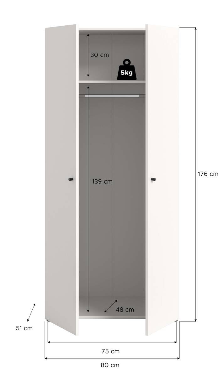 Kleiderschrank DARWIN weiß B/H/T: ca. 80x176x51 cm