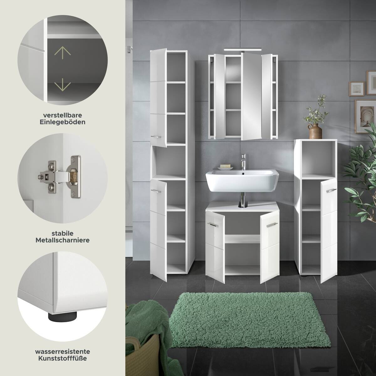 Badezimmer-Set Ice weiß weiß Hochglanz B/H/T: ca. 150x185x30 cm