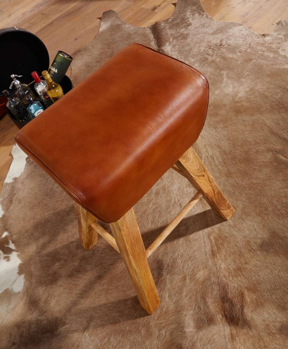 Barhocker braun natur Leder Echtholz B/H/T: ca. 43x75x43 cm