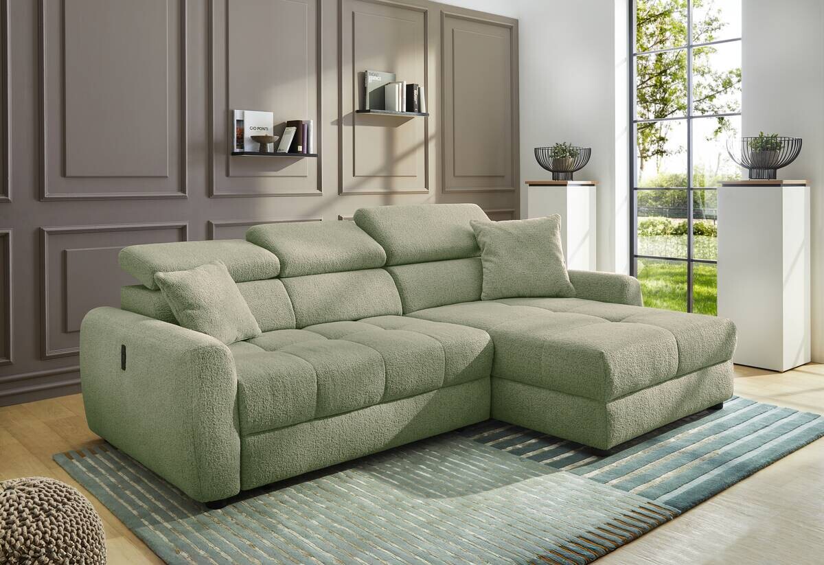 Ecksofa mit elektrischer XXL Sitztiefenverstellung hellgrün Flachgewebe B/H/T: ca. 270x109x175 cm
