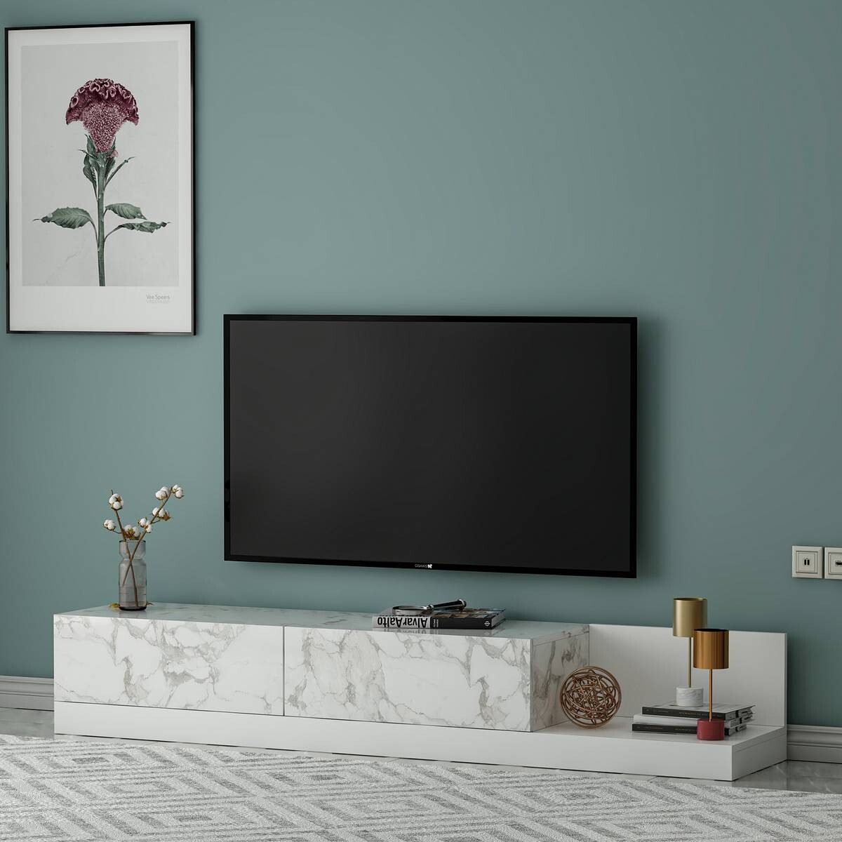 TV-Lowboard Majör weiß Marmoroptik B/H/T: ca. 180x30x37 cm
