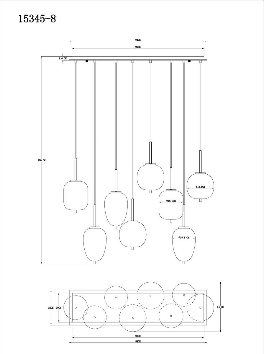 GLOBO Pendelleuchte Blacky 15345-8 schwarz Rauch Metall Glas B/H/T: ca. 94x120x34 cm E14 8 Brennstellen
