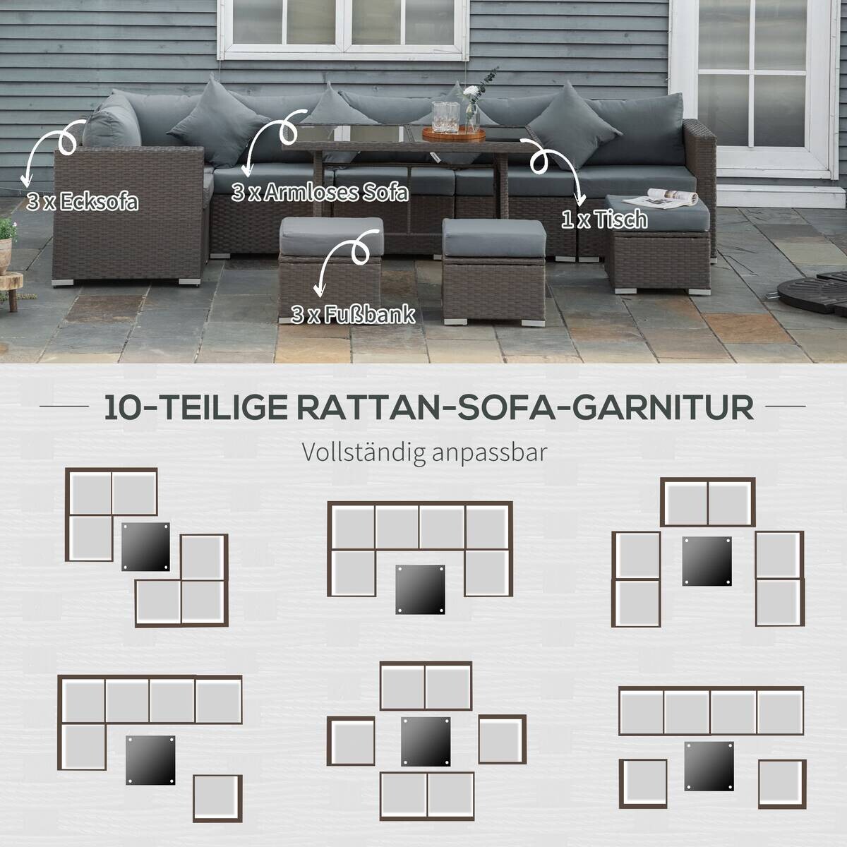 Outsunny Sitzgruppe dunkelgrau Polyrattan B/H/L: ca. 68x120x73 cm