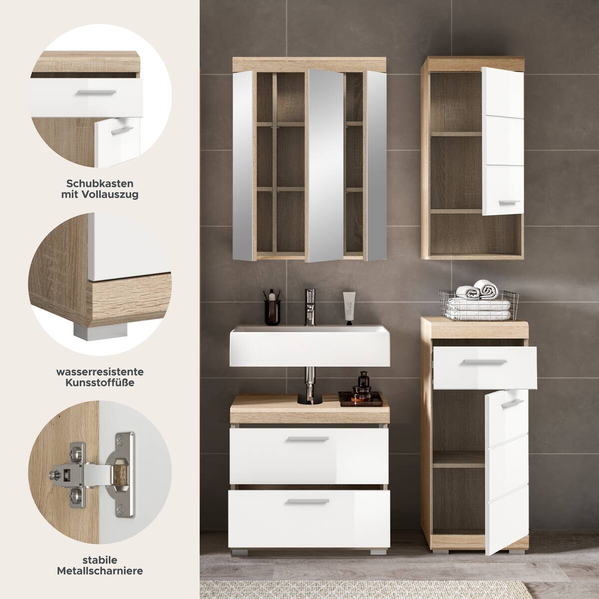 Badezimmer-Set Lambada Eiche Sonoma Nachbildung weiß Hochglanz B/H/T: ca. 112x191x37 cm