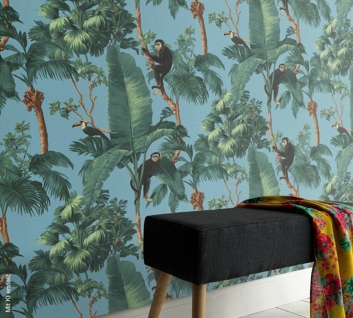 Vliestapete Palmen mit Affen grün türkis B/L: ca. 53x1005 cm